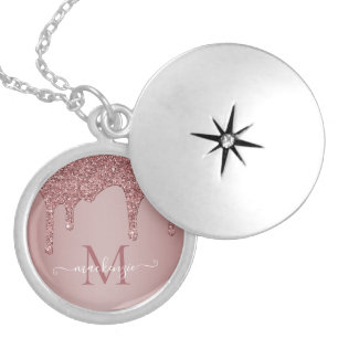 Chic Rose Gold Sparkle Glitter Drips Monogram Locket Necklace