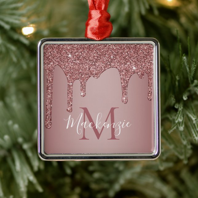Chic Rose Gold Sparkle Glitter Drips Monogram Metal Ornament (Tree)