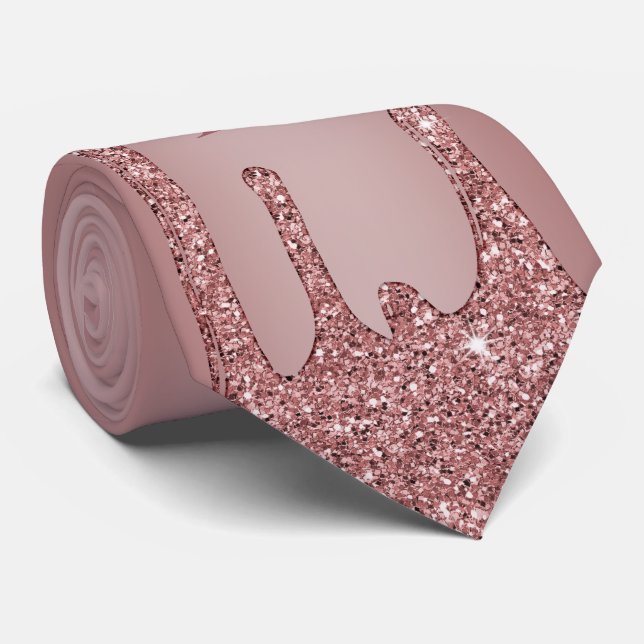 Chic Rose Gold Sparkle Glitter Drips Monogram Neck Tie (Rolled)