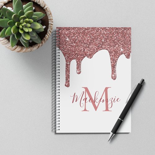 Chic Rose Gold Sparkle Glitter Drips Monogram Notebook