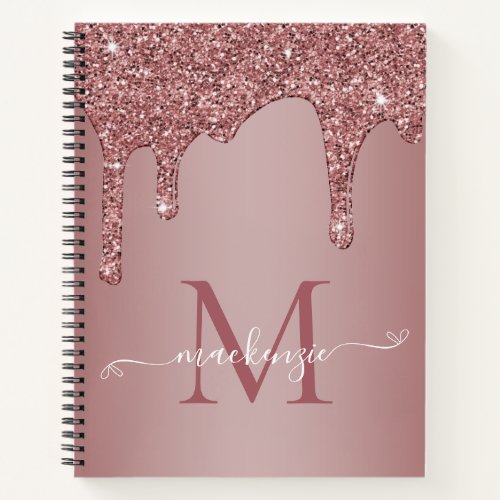 Chic Rose Gold Sparkle Glitter Drips Monogram Notebook