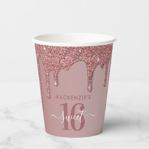 Chic Rose Gold Sparkle Glitter Drips Monogram Pape Paper Cups