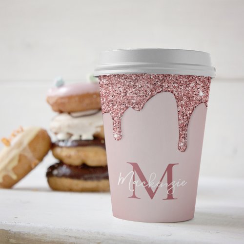 Chic Rose Gold Sparkle Glitter Drips Monogram Paper Cups