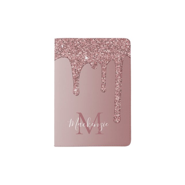 Chic Rose Gold Sparkle Glitter Drips Monogram Passport Holder (Front)