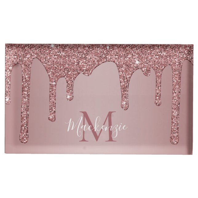 Chic Rose Gold Sparkle Glitter Drips Monogram Place Card Holder (Front)