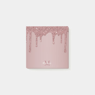 Chic Rose Gold Sparkle Glitter Drips Monogram Post-it Notes