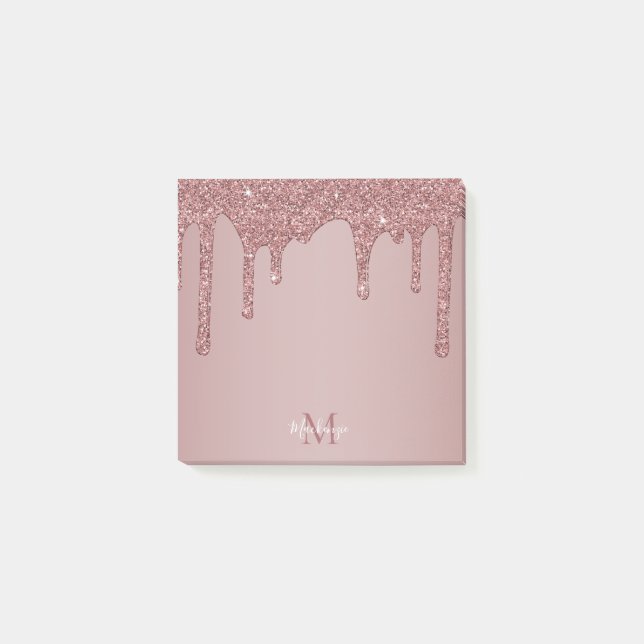Chic Rose Gold Sparkle Glitter Drips Monogram Post-it Notes (Front)