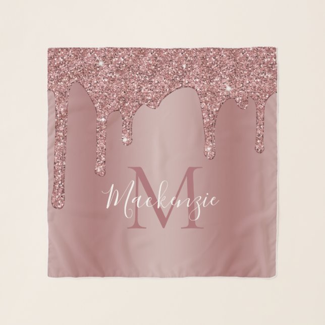 Chic Rose Gold Sparkle Glitter Drips Monogram Scarf (Front)