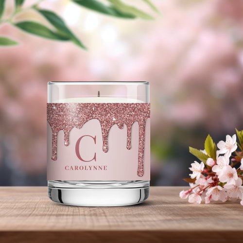 Chic Rose Gold Sparkle Glitter Drips Monogram Scented Candle