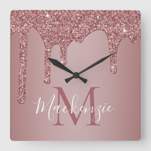 Chic Rose Gold Sparkle Glitter Drips Monogram Square Wall Clock