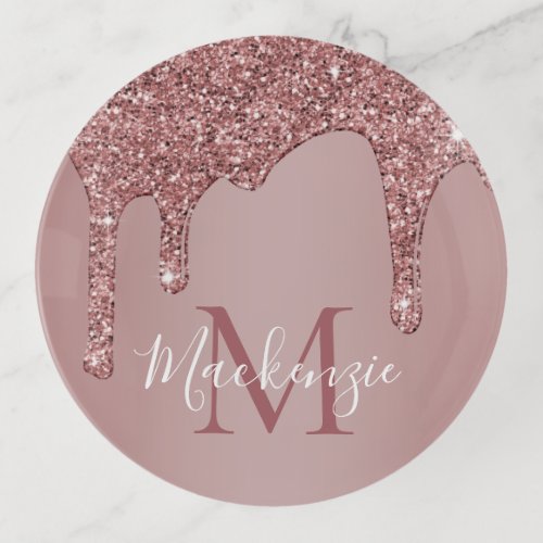 Chic Rose Gold Sparkle Glitter Drips Monogram Trinket Tray