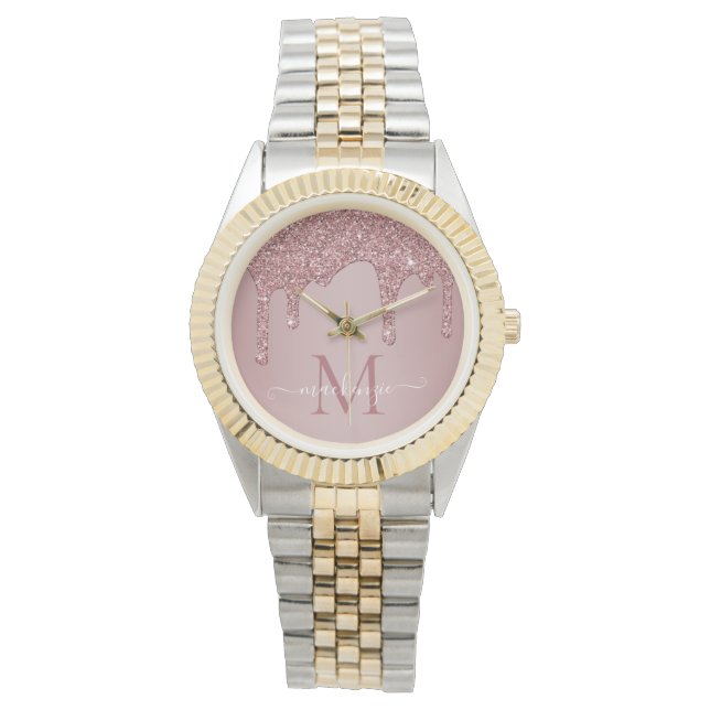 Chic Rose Gold Sparkle Glitter Drips Monogram Watch (Front)
