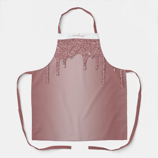 Chic Rose Gold Sparkle Glitter Drips Personalized Apron (Front)