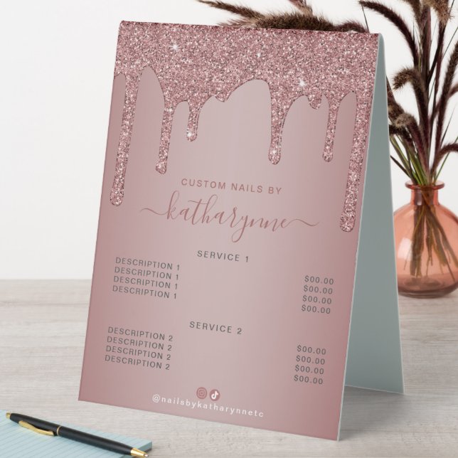 Chic Rose Gold Sparkle Glitter Drips Price List Table Tent (In SItu (Table))