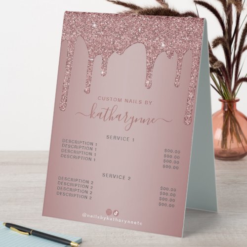 Chic Rose Gold Sparkle Glitter Drips Price List Table Tent Sign