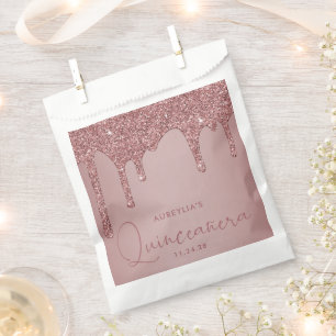 Chic Rose Gold Sparkle Glitter Drips Quinceanera Favor Bag