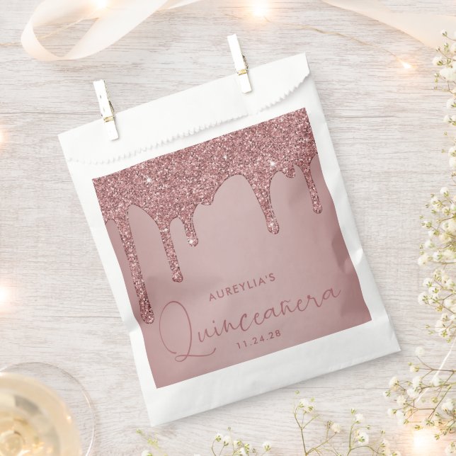 Chic Rose Gold Sparkle Glitter Drips Quinceanera Favor Bag (Clipped)