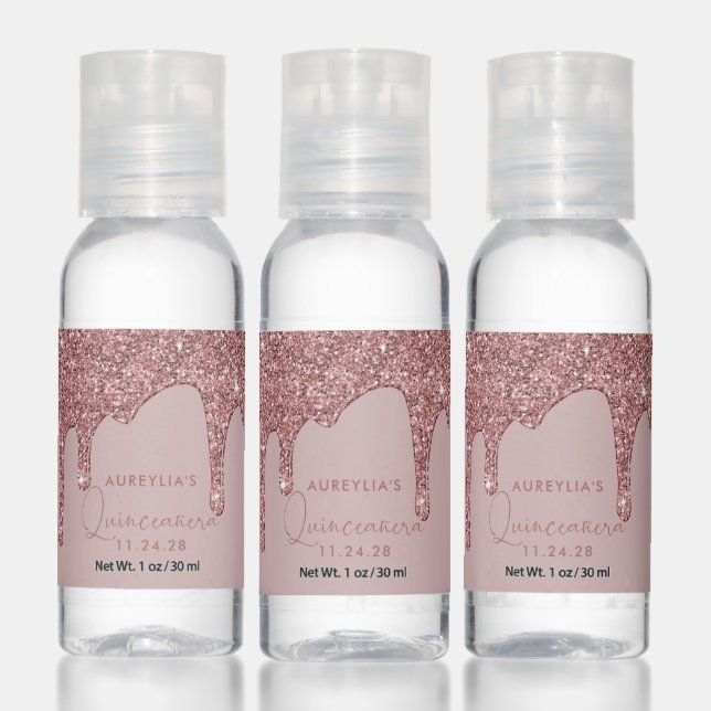 Chic Rose Gold Sparkle Glitter Drips Quinceanera Hand Sanitizer (Set)