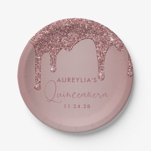 Chic Rose Gold Sparkle Glitter Drips Quinceanera Paper Plates