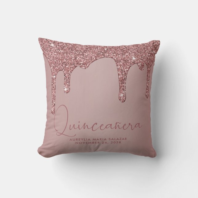 Chic Rose Gold Sparkle Glitter Drips Quinceanera Throw Pillow (Front)