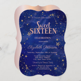 Chic Rose Gold Stars Navy Blue Sweet 16 Invitation