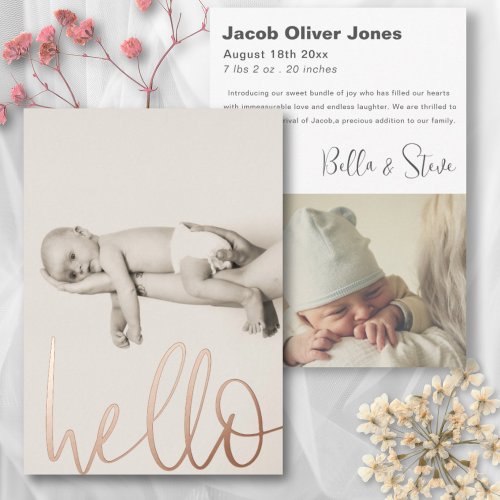 Chic Rose Gold Text Hello Photo Baby Announcement