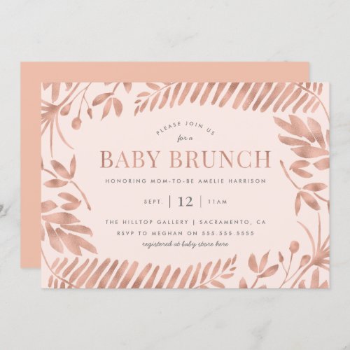 Chic Rose Gold Tropical Greenery Baby Brunch Invitation