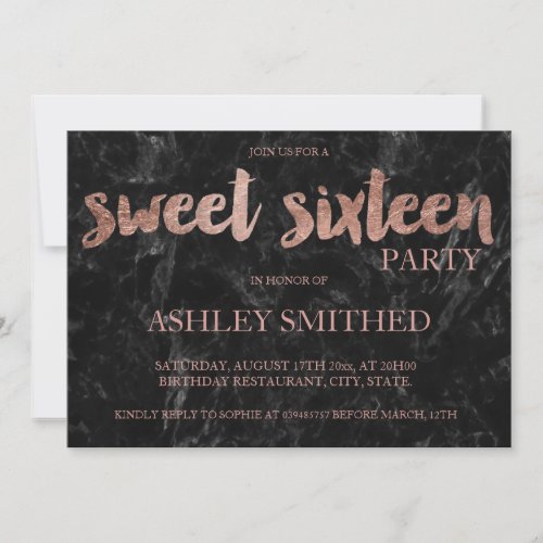 Chic rose gold typography black marble Sweet 16 Invitation