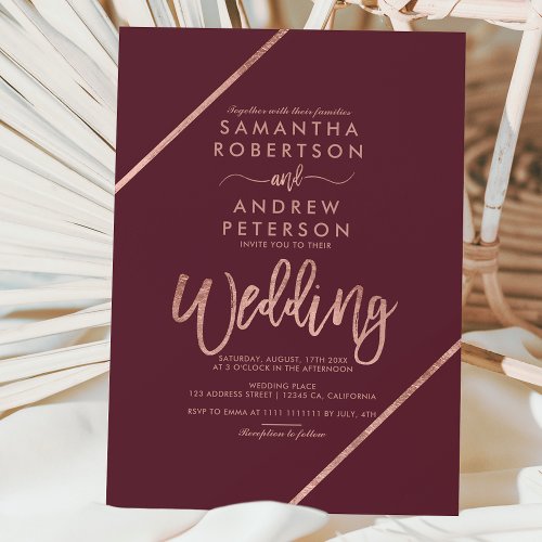 Chic rose Gold typography red burgundy wedding Invitation