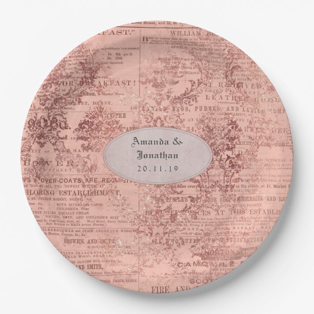 Chic Rose Gold Wedding Paper Plates (Front)