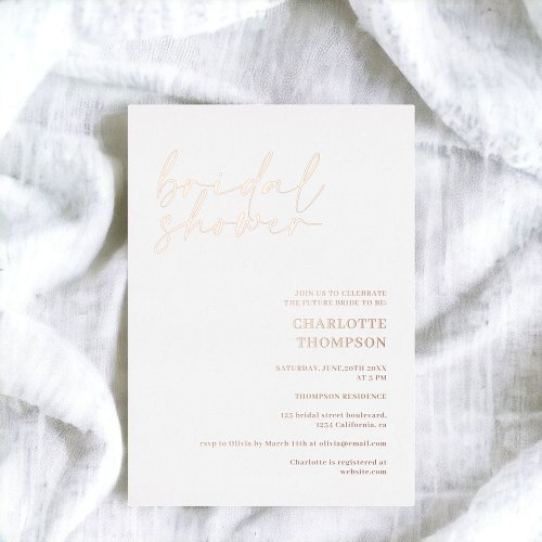 Chic rose gold white casual script bridal shower foil invitation