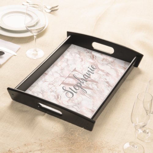 Chic Rose Gold White Marble Monogram Script Serving Tray