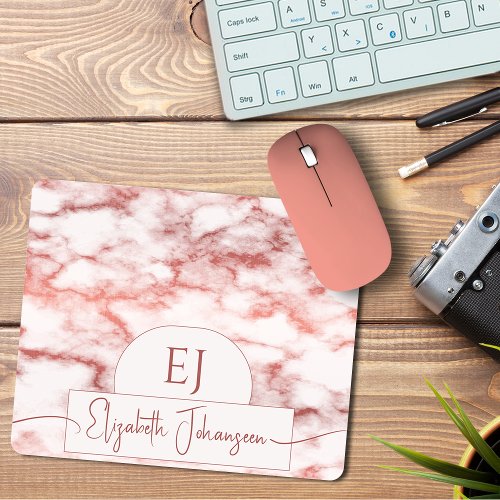 Chic Rose Gold White Marble Script Name Monogram Mouse Pad