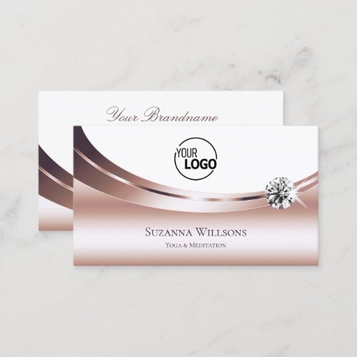 Chic Rose Gold White with Logo and Sparkly Diamond Business Card