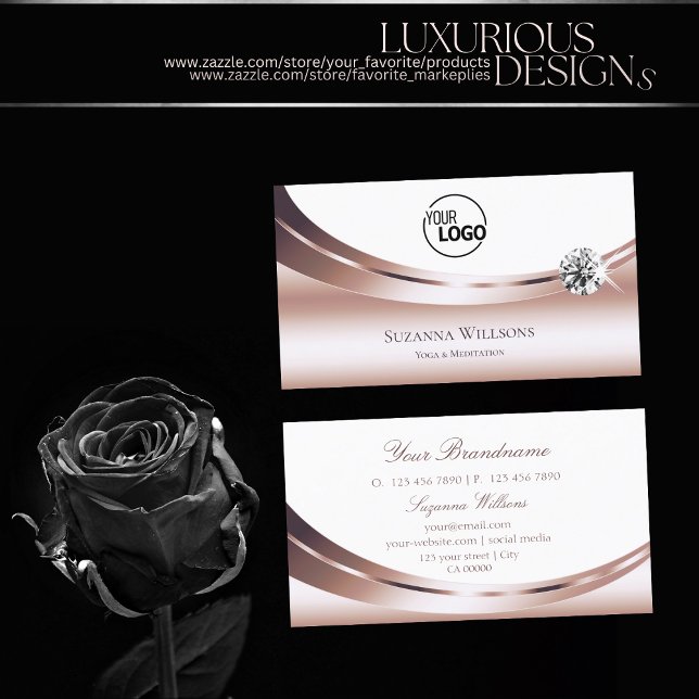 Chic Rose Gold White with Logo and Sparkly Diamond Business Card (Creator Uploaded)