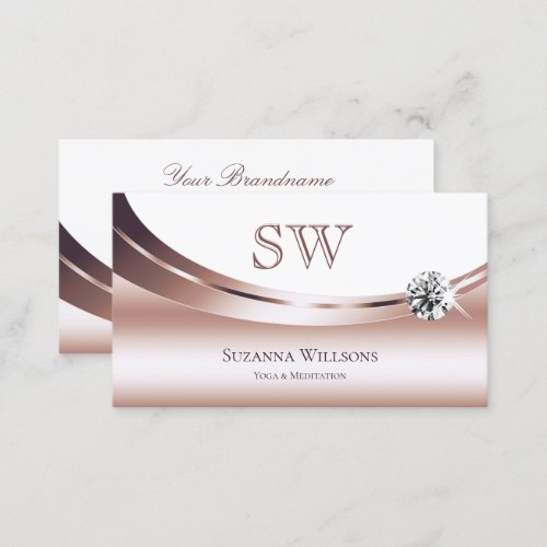 Chic Rose Gold White with Monogram Sparkle Diamond Business Card