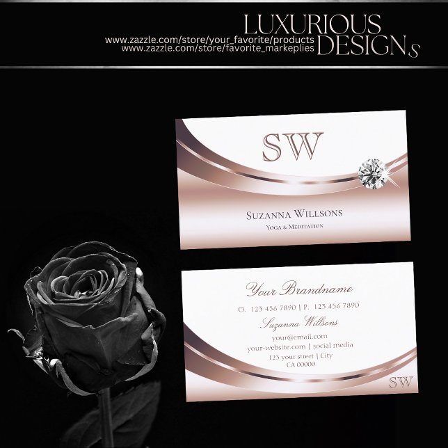Chic Rose Gold White with Monogram Sparkle Diamond Business Card (Creator Uploaded)