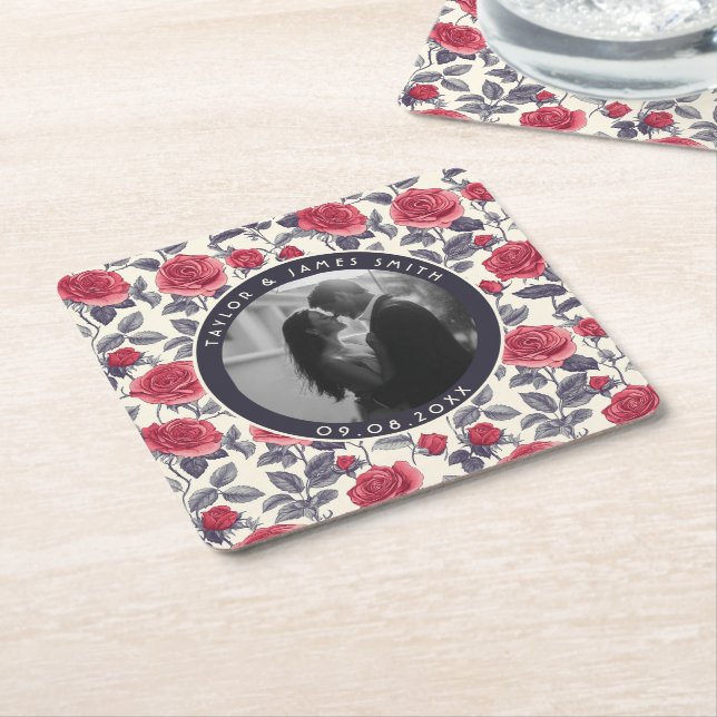 Chic Rose Minimalist Wedding  Square Paper Coaster (Angled)