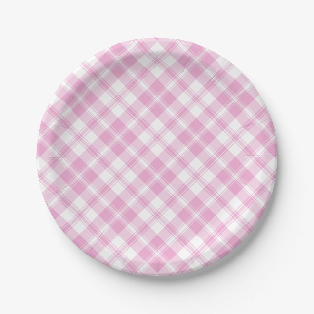 Chic Rose Pink and White Check Paper Plate (Front)