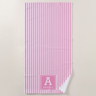 Chic Rose Pink Cabana Stripes Monogrammed Initial