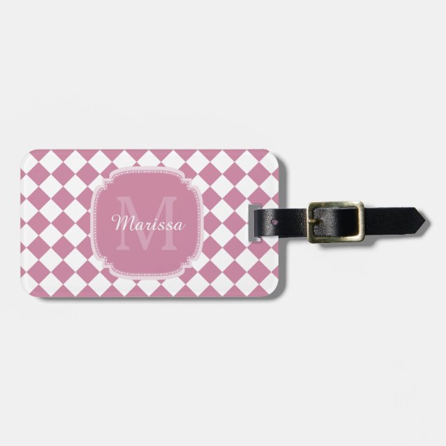 Chic Rose Pink Checked Monogrammed Name Luggage Tag (Front Horizontal)