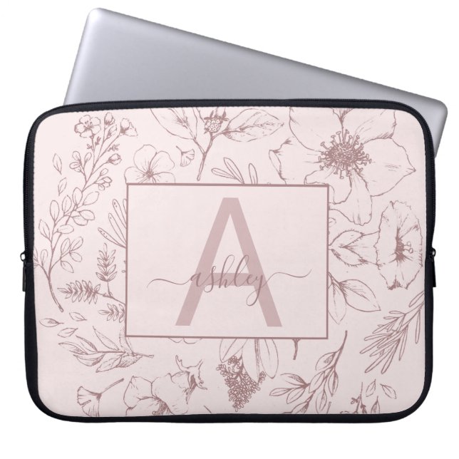 Chic Rose Pink Floral Script Name Monogram Laptop Sleeve (Front)