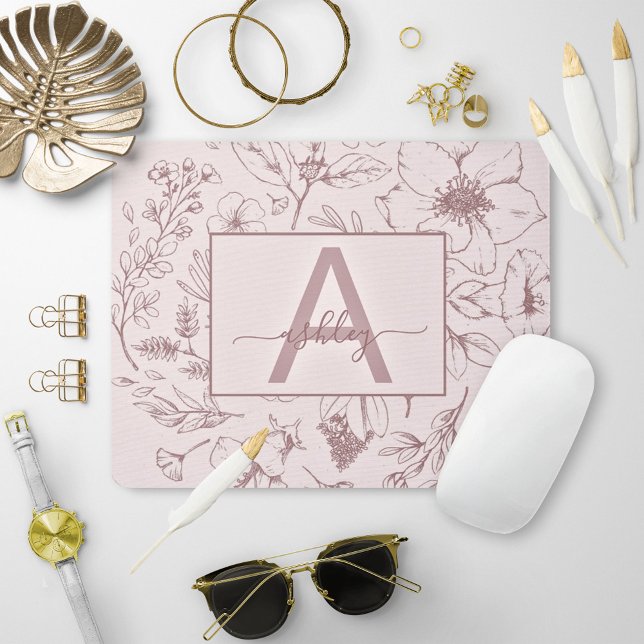 Chic Rose Pink Floral Script Name Monogram Mouse Pad (Creator Uploaded)