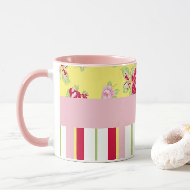 Chic Roses and Stripes Mug (With Donut)