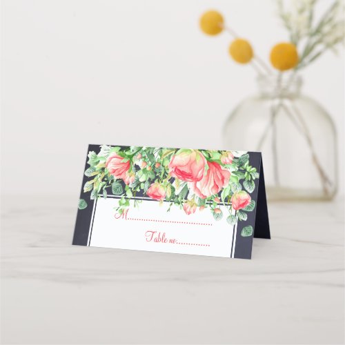 Chic roses border red navy wedding table place place card