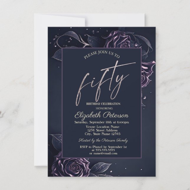 Chic Roses Dark Gothic 50th Birthday Invitation (Front)
