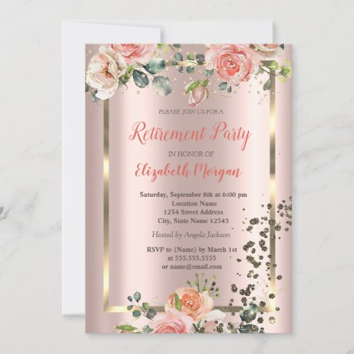 Chic Roses Diamonds Confetti Retirement Invitation