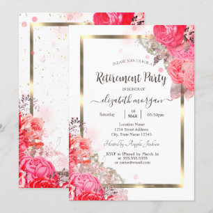 Chic Roses Flowers Gold Frame Retirement Invitation