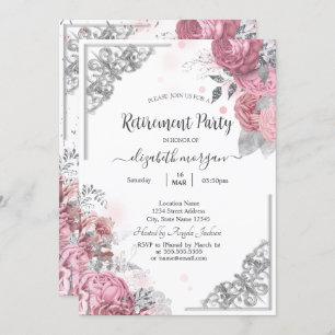 Chic Roses Flowers Silver Frame Retirement Invitation
