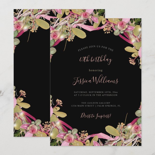 Chic Roses & Foliage Floral 40th Birthday Invitation (Front/Back)